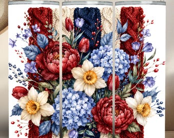 Floral Cable Knit Tumbler Wrap PNG, Cottage core Peony Hydrangea Design (Digital Download)