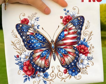 American Flag Butterfly PNG, Patriotic Floral Sublimation Design (Digital Download)