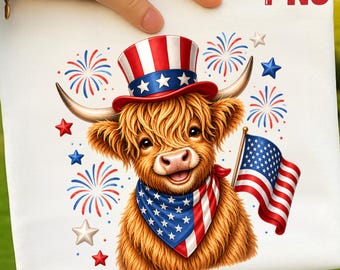 Patriotic Highland Cow PNG, 4th of July American Flag Design (Digital Download)