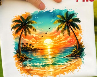 Tropical Sunset Beach PNG, Watercolor Palm Tree Ocean Sublimation Design (Digital Download)
