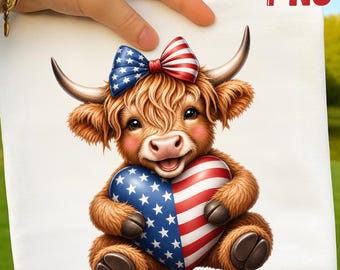 Highland Cow 4th July PNG, American Flag Heart, Patriotic Animal (Digital Download)