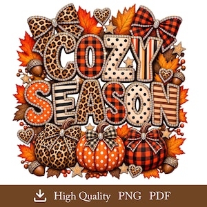 Gezellige seizoenen PNG, herfst pompoen strik shirt ontwerp, herfst patchwork afbeelding, Thanksgiving sublimatie, herfst sweatshirt PNG