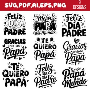 以下が含まれることがあります： 「Feliz Día del Padre」や「Gracias por todo Papá」などのスペイン語のテキストが書かれた、白黒のデザイン9種類。SVG、PDF、AI、EPS、PNG形式で利用可能。父の日の贈り物などに最適です。