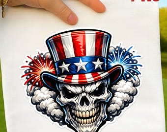 Patriotic Skull PNG, 4th of July Sublimation Design, Uncle Sam Hat Fireworks, Independence Day Skull Shirt, Digital Download
