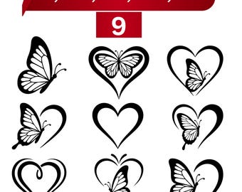 Butterfly Heart SVG Bundle, Cricut Cut File, Tattoo Stencil, Valentine Clipart PNG