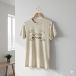 May include: A beige t-shirt with the words "Spring Renewal" in a gold script font. The design includes floral and bunny illustrations. The t-shirt is hanging on a wooden hanger against a white wall.