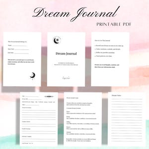 以下が含まれることがあります： さまざまなページがある、印刷可能なPDFの夢日記。表紙には「Dream Journal」というタイトルがエレガントな筆記体で書かれています。他のページには、夢を記録するためのプロンプト、夢のシンボルガイド、メモ用のスペースが含まれています。