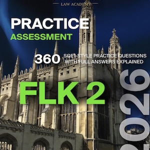 May include: A book cover for Cambridge Law Academy's FLK 2 2026 practice assessment. The cover features a historic building, with text including "PRACTICE ASSESSMENT", "360 SQE1-style practice questions", and "FLK 2". The background is a gradient of dark blue and green.