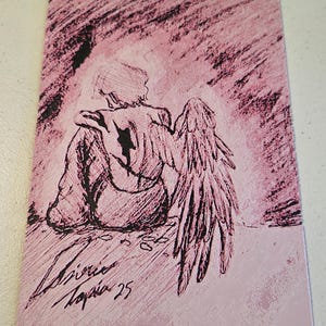 May include: A pink art print featuring a seated figure with angel wings, rendered in black and pink tones. The artwork includes a signature and the number 25. The overall theme is fantasy art.