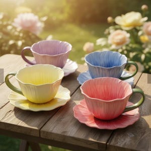 Handmålad vallmomugg och fatset, Keramisk 3D-blommig tekopp