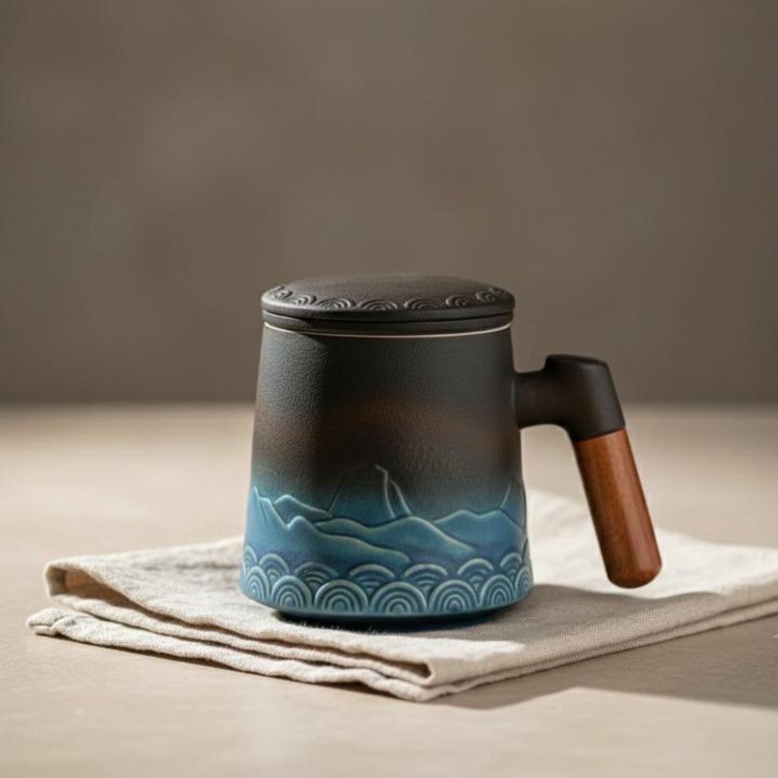 Handmade Ceramic Mug with Lid & Infuser, Japanese Tea Mug Wooden Handle, Wabi Sabi Vintage Tea Cup, Loose Leaf Tea Mug, Artisan Gift