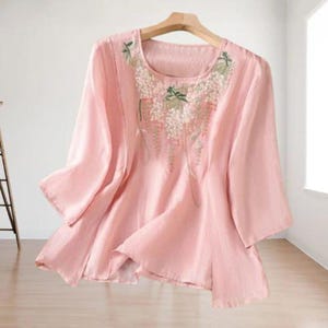 Embroidered Cotton Linen Blouse, Half-Sleeve Pullover, Boho Summer Top