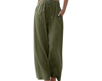 Women's Cotton Linen Wide Leg Pants: High Waist, Elastic Drawstring, Pockets