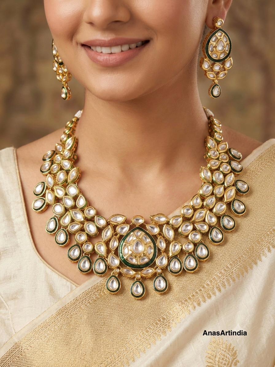Kundan Meena Necklace Set with Earrings Gold Plated Bridal Necklace Women's Wedding Jewelry