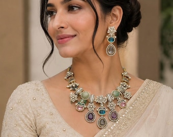 Sabyasachi Inspired Kundan Necklace Set, Bridal Polki Choker, Gold Plated Statement Jewelry