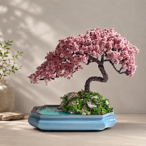 Op de afbeelding: Een decoratieve bonsaiboom met een donkere, getextureerde, gebogen stam en een dichte kroon van kleine roze bloesems. De boom is geworteld in een heuvel van groen mos en grijze stenen, geplaatst in een lichtblauwe, achthoekige keramische schaal.