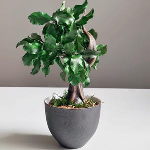 Mini Bonsai Tree in Gray Ceramic Pot | Handmade Wire Trunk + Preserved Leaves | No Maintenance Desk Decor | Unique Gift