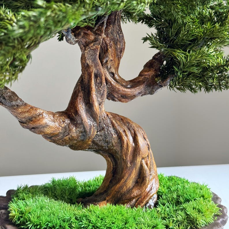 Handgemaakte geconserveerde jeneverbes bonsaiboom, keramische pot zen decor, weinig onderhoud indoor bonsai, Japandi kantoorplank cadeau afbeelding 7