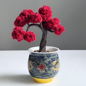 Mini Red Maple Bonsai Tree, Handmade Japanese Desk Decor, Hand Painted Ceramic Pot, No Care Japandi Gift