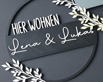 Personalisierter Türkranz mit Namen | Hochzeitsgeschenk | Hier wohnen | 3D Druck PLA | Geschenk zum Einzug | Zweifarbig | Türdeko modern