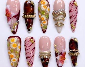 Mismatched 3D Quirky Press on Nails with Tortoiseshell & Egg Art | Fake Nails in Almond | Gyaru Maximalist Foodie Core Nails