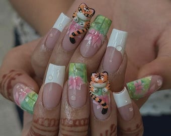 3D Kawaii Tiger Press on Nails with Pink Lotus Flower & White French Tip | Fake Nails in Long Square | Spring Water Drop Art