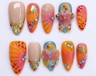 Mismatched 3D Tropical Sunset Press on Nails with Seashell Flower & Bow | Fake Nails in Almond | Summer Mermaid Gyaru Maximalist Art