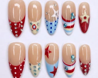 Mismatched Retro Americana Press on Nails with Stars & Stripes | Fake Nails in Almond | Y2K Pop Art Summer Vacation Nails