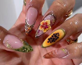 Mismatched 3D Papaya Press on Nails with Tropical Flower & Tiger Stripe | Fake Nails in Almond | Exotic Summer Maximalist Art
