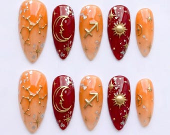 Uñas postizas 3D asimétricas del zodíaco Sagitario con sol y luna celestiales dorados / Uñas postizas en almendra / Arte astrológico de aura rojo anaranjado