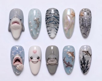 Uñas postizas 3D con diseño de tiburón blanco y ballena, asimétricas / Uñas falsas en forma de almendra / Estética de olas de agua de mar profundo