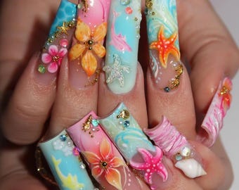 Uñas postizas de estilo tropical Mermaidcore con diseño asimétrico, con concha de estrella de mar y flor en 3D / Uñas postizas cuadradas XXL / Arte playero veraniego