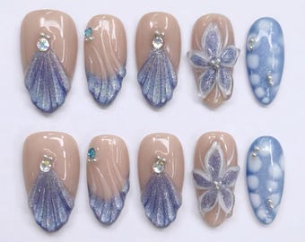 Mismatched 3D Seashell Press on Nails with Cat Eye Blue Flower & Ocean Bubbles | Fake Nails in Almond | Ethereal Mermaidcore Beach Art