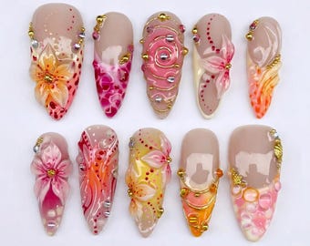 Mismatched Abstrakte Press on Nails mit 3D Blume, Golddraht & Wassertropfen | Gefälschte Nägel in Mandel | Elegante Blumen handgemachte Kunst