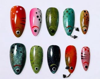 Mismatched Fishing Lure Press on Nails with 3D Hook Piercing | Fake Nails in Short Almond | Quirky Weirdcore Fish Art