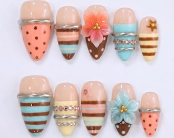 Uñas postizas 3D con rayas pastel retro asimétricas, anillo cromado plateado y flor / Uñas almendradas / Arte de uñas Kawaii Gyaru Y2K