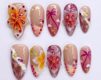 Mismatched 3D Tropical Sunset Press on Nails with Plumeria Flower & Palm Tree | Fake Nails in Almond | Summer Beach Vacation Floral Art