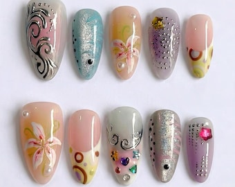 Mismatched 3D Cyber Fairycore Press on Nails with Lily Flower & Chrome Swirls | Fake Nails in Almond | Quirky Y2K Abstract Harajuku Art
