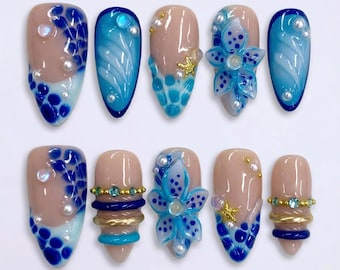 Mismatched 3D Ocean Press on Nails with Translucent Blue Flower & Pearls | Fake Nails in Almond | Mermaidcore Summer Beach Vacation Art