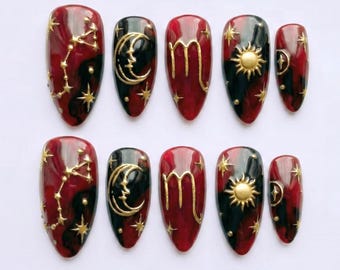 Mismatched 3D Scorpio Zodiac Press on Nails with Gold Celestial Sun & Moon | Fake Nails in Almond | Dark Red Black Marble Astrology Art