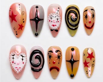 Mismatched 3D Clowncore Press on Nails with Pearl Border & Swirls | Fake Nails in Almond | Vintage Pierrot Circus Quirky Art