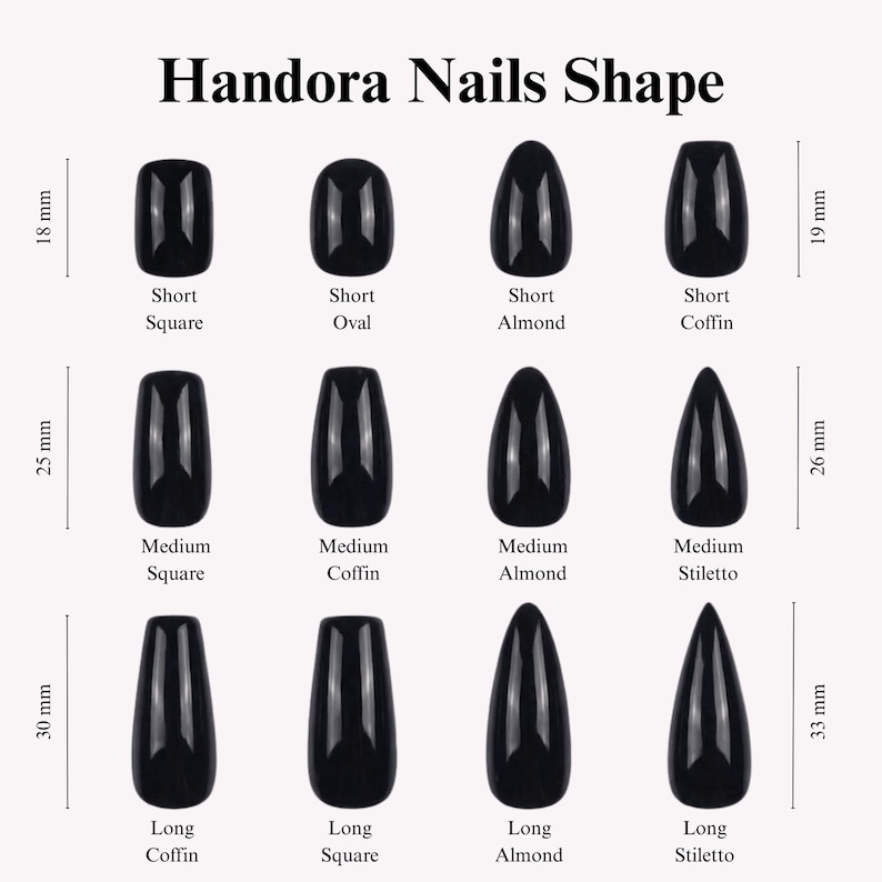 Puede incluir: Diagrama de varias formas de u&ntilde;as negras, incluyendo Cuadrada Corta, Ovalada, Almendra y Ata&uacute;d, con medidas en mm. Tambi&eacute;n se muestran longitudes Medias y Largas, y el texto "Handora Nails Shape".