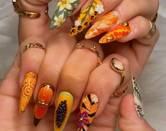 Uñas postizas 3D tropicales asimétricas con diseño de papaya y leopardo / Uñas postizas largas estilo stiletto / Uñas maximalistas estilo safari en la jungla de verano