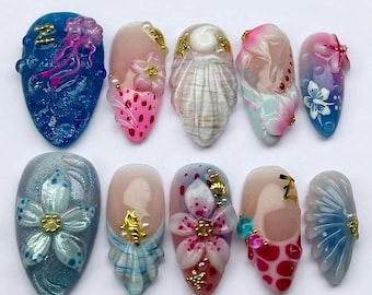 Ocean Fantasy Press On Nails With 3D Jellyfish And Seashell | Medium Almond Fake Nails | Vibrant Handmade Nail Art For Summer And Festival