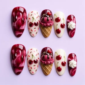 May include: A set of ten artificial nails with a summer dessert theme. Designs include cherry-topped ice cream cones, cherries, and a marbled effect in shades of red and white. The nails are almond-shaped and set against a light purple background.