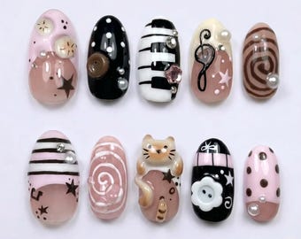 Mismatched Quirky Crafty Press on Nails with 3D Cat & Piano Keys | Fake Nails in Short Oval | Kawaii Coquette Music Art
