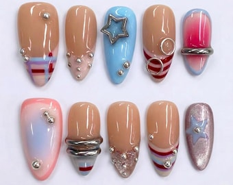 Mismatched 3D Y2K Cyber Punk Press on Nails with Silver Chrome & Star Charms | Fake Nails in Almond | Retro Plaid Aura Blush Gyaru Art