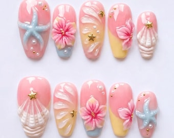 Mismatched 3D Mermaid Press on Nails with Starfish Shell & Tropical Flower | Fake Nails in Short Coffin | Pastel Mermaidcore Ocean Art
