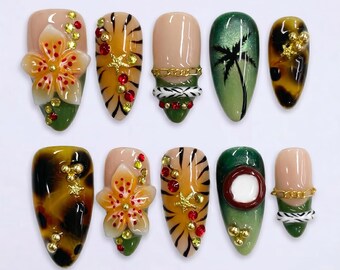 Mismatched 3D Tropical Safari Press on Nails with Tiger Print & Palm Tree | Fake Nails in Almond | Tortoiseshell Jungle Maximalist Art