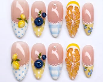 Cottagecore Picnic Press on Nails with 3D Orange, Blueberry & Gingham Lace | 3D Fake Nails in Almond | Summer Fruit Handmade Nail Art